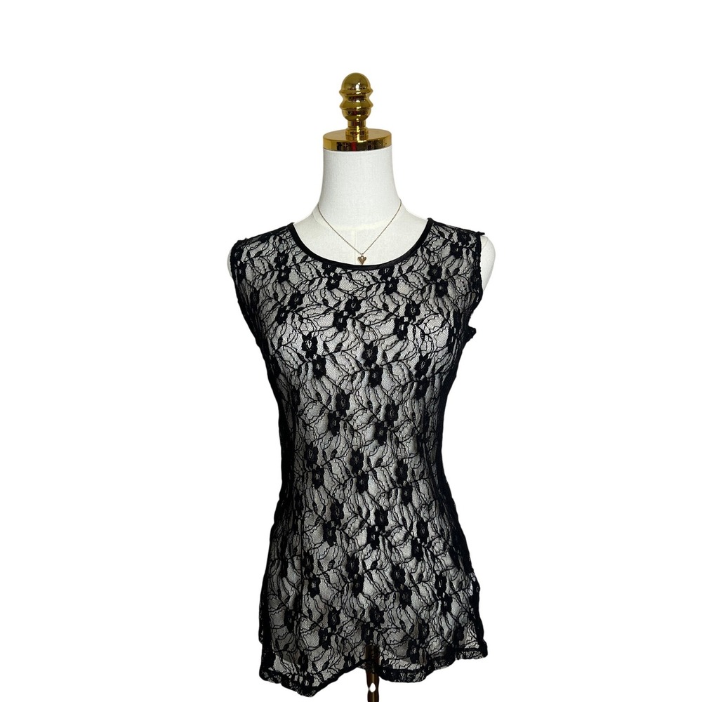 Sound & Matter Black Floral Lace Sheer Tank‎ Top Sleeveless Mesh Blouse Small